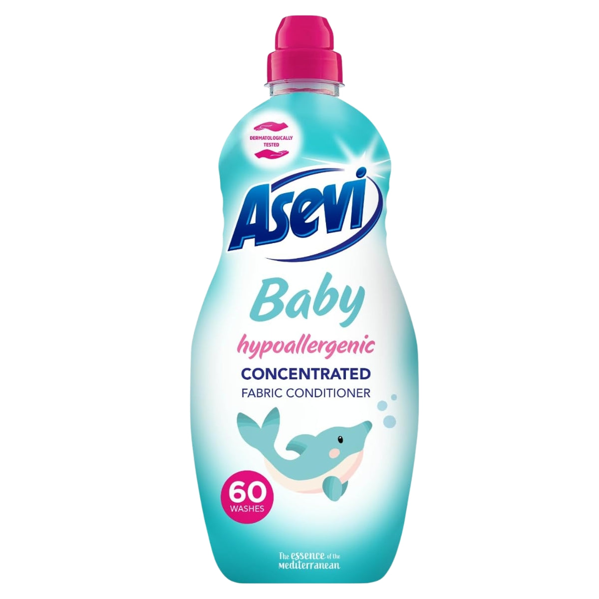 Asevi - Baby Hypoallergenic Concentrated Fabric Conditioner 60 Washes (1380ml) features a gentle, long-lasting fragrance and is specially designed to keep your baby’s clothes soft and fresh. The bottle has a pink cap and a dolphin image on the label, clearly indicating it provides up to 60 washes.