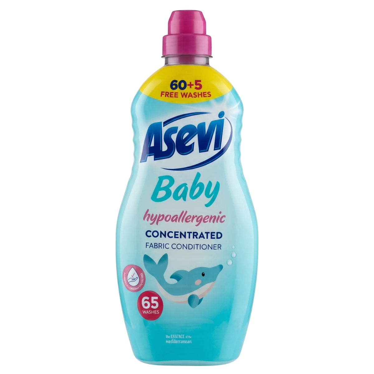 Asevi - Baby Hypoallergenic Concentrated Fabric Conditioner 65 Washes (1495ml) features blue packaging with a dolphin design and a pink cap. Formulated with gentle cationic surfactants and delicate perfumes, this fabric conditioner softens fabrics while being suitable for sensitive skin.