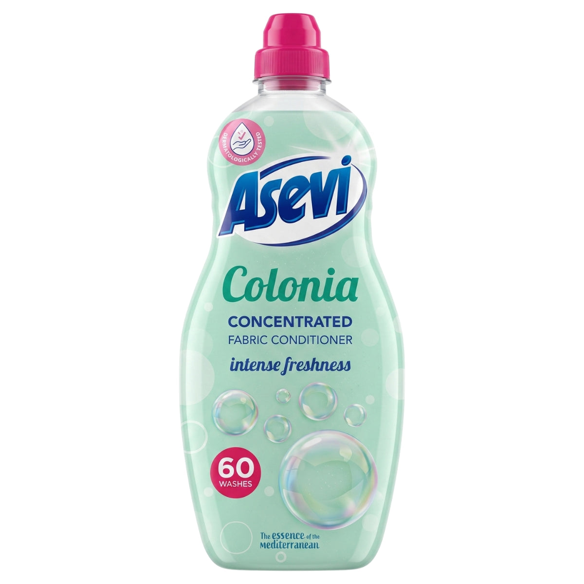A bottle of Asevi Colonia Concentrated Fabric Conditioner in 'intense freshness' scent, featuring a light mint green bottle, pink cap, and blue brand logo on a white background.