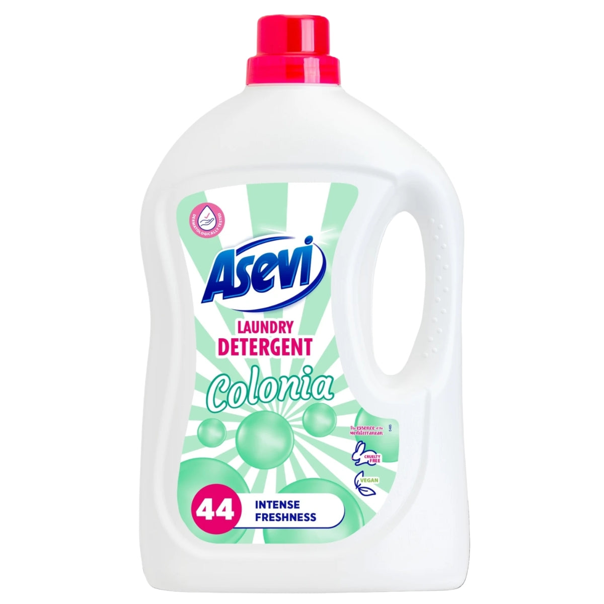 Asevi - Colonia Laundry Detergent 44 Washes (2376ml) features a pink cap, white bottle, and a green label that highlights its intense freshness. Formulated by Asevi with optical brighteners and anionic surfactants, it delivers powerful cleaning performance and vibrant laundry results for up to 44 washes.
