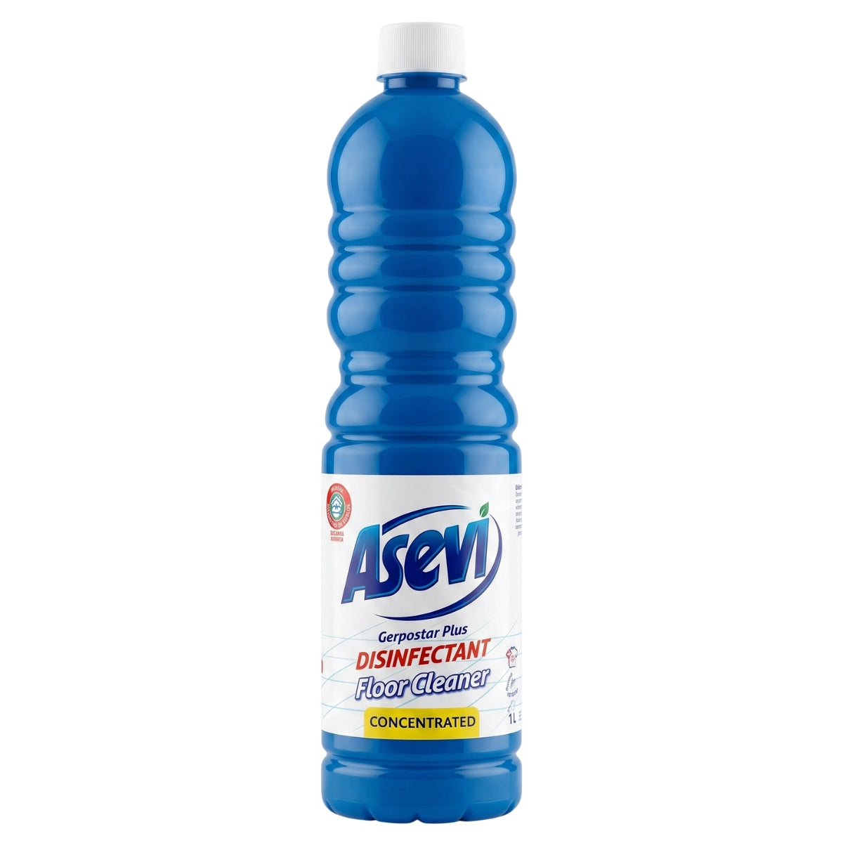 A 1L blue plastic bottle of Asevi - Concentrated Disinfectant Floor Cleaner, featuring a white label and cap that display the product name and description. This branded cleaning solution from Asevi contains Alkyl dimethylbenzylammonium chloride to effectively eliminate germs and leave your floors spotless.