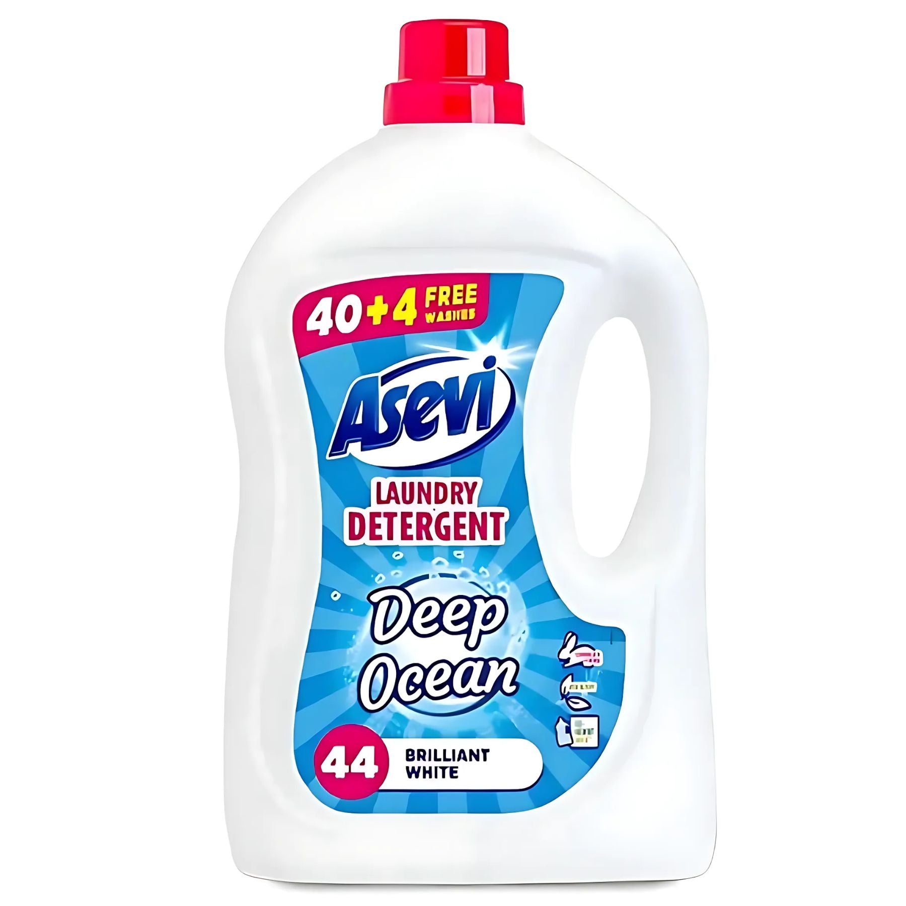 Asevi - Deep Ocean Laundry Detergent 44 Washes (2.4L) features a red cap and blue label, offering 40+4 free washes. Enjoy powerful deep-clean action and a fresh ocean scent for brilliantly white laundry every wash.