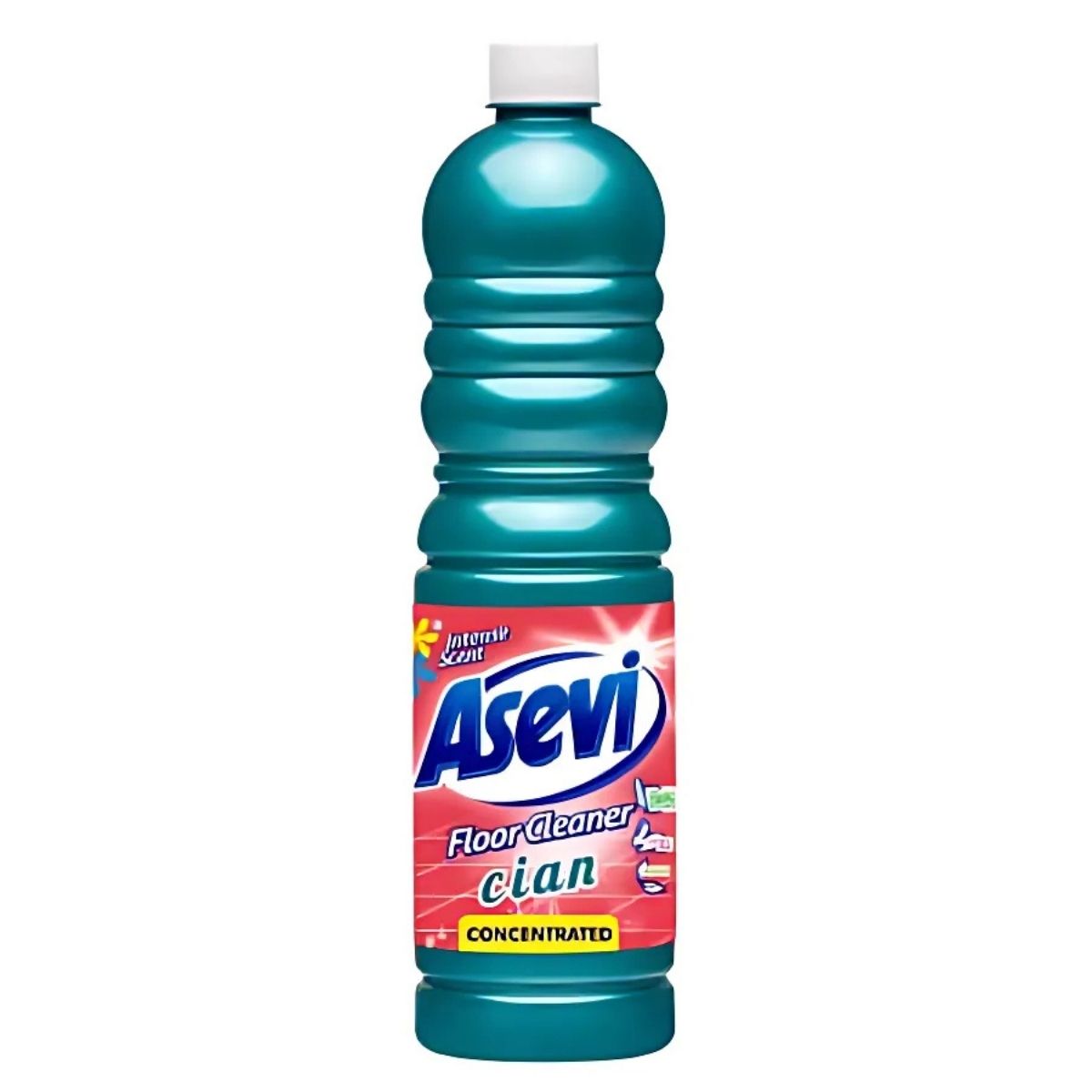 A bottle of Asevi - Floor Cleaner Cian - 1L, adorned with a vibrant home-inspired design, featuring a blue cap and red label highlighting the product name and its "cian" concentrate for sparkling floors.