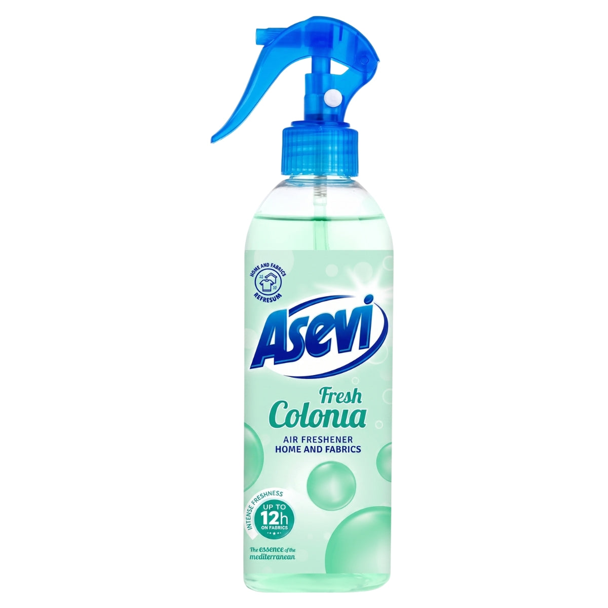 Asevi - Fresh Colonia Air Freshener (400ml) is a spray bottle with a blue trigger, designed for use on home surfaces and fabrics, and promises up to 12 hours of freshness.