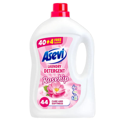 Asevi Laundry Detergent Rosehip, 2376ml for 44 washes, comes in a white plastic bottle with a pink cap, offering concentrated care and softness with a delicate rosehip fragrance and a rosehip flower graphic on the label.