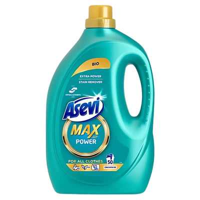 Asevi Max Power Bio Liquid Detergent (2500ml) offers powerful stain removal for up to 50 washes. Its hypoallergenic formula ensures a gentle yet effective clean. Comes in a large bottle with handle and yellow cap.