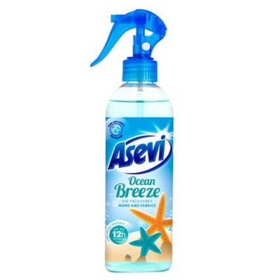 Asevi - Ocean Breeze Air Freshener - 400ml features a blue trigger spray bottle with beach graphics, designed for home and fabric use. Enjoy a long-lasting, fresh scent with every eco-friendly spray.