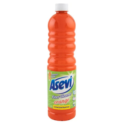 A 1L tall orange plastic bottle of Asevi Orange Floor Cleaner with a fresh citrus scent and a green label highlighting its concentrated, pH-neutral formula.