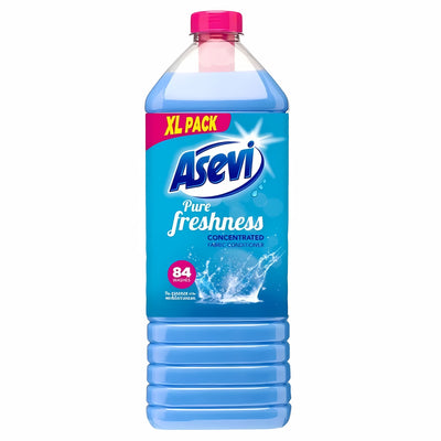 Asevi Pure Freshness Concentrated Fabric Conditioner, 84 washes, 1932ml XL Pack with a pink cap delivers long-lasting scent; "XL Pack" and "84 washes" shown on a blue label.
