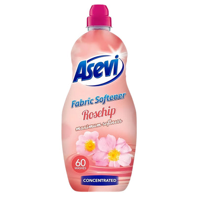 Asevi - Rosehip Fabric Conditioner 60 Washes (1380ml) features a concentrated formula with pink liquid, floral graphics, and provides long-lasting fragrance for up to 60 washes.