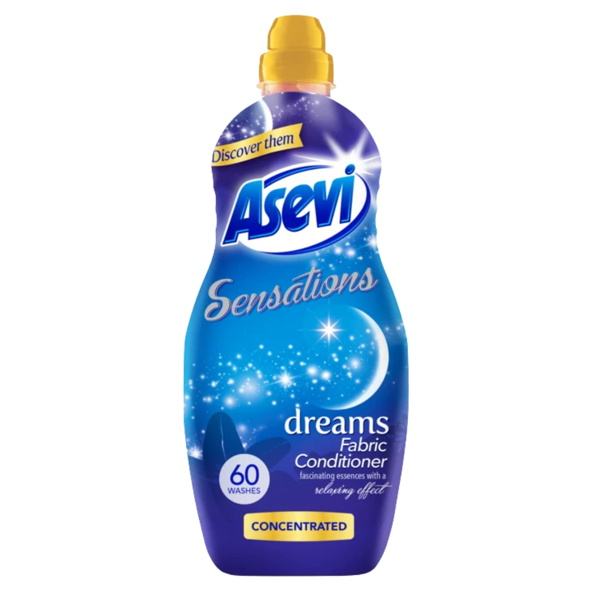 Asevi Sensations Dreams Concentrated Fabric Conditioner (1320ml) 60 washes, featuring a blue label with moon and stars design.