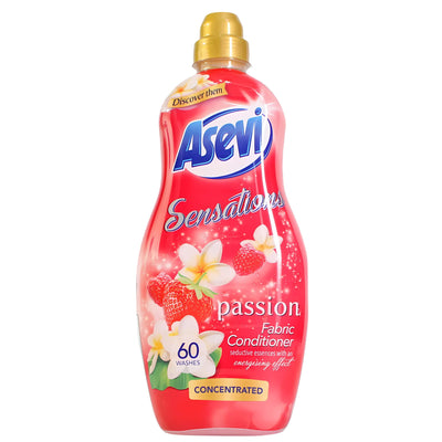 Asevi Sensations Passion Fabric Conditioner (1320ml) provides softness and long-lasting fragrance for up to 60 washes, featuring floral and berry-themed packaging.