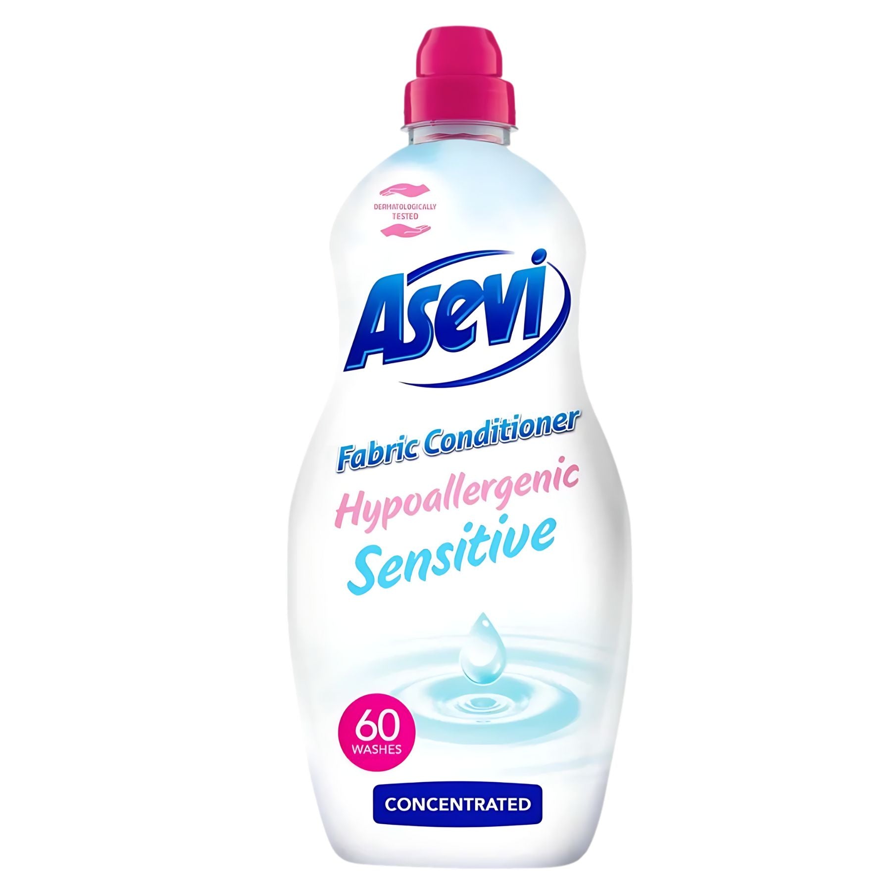 Asevi Sensitive Hypoallergenic Conditioner, 1380ml clear bottle with pink cap and “60 washes” label; concentrated formula ideal for sensitive skin.