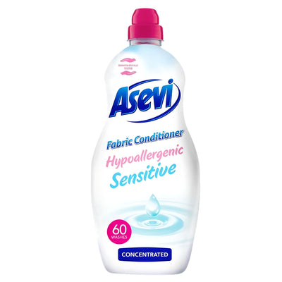 Asevi Sensitive Hypoallergenic Conditioner, 1380ml clear bottle with pink cap and “60 washes” label; concentrated formula ideal for sensitive skin.