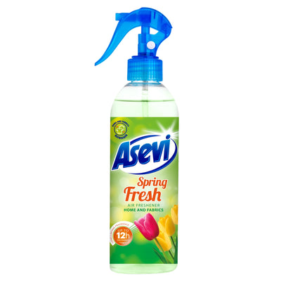 Asevi - Spring Fresh Air Freshener 400ml spray bottle with a green label featuring tulips and a 12-hour fragrance claim.