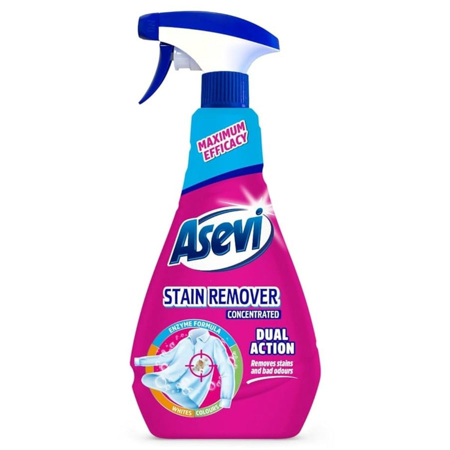 A 720ml bottle of Asevi Stain Remover Concentrated with a blue and white trigger, designed for maximum efficacy and dual-action stain and odor removal using enzymes in a bleach-free formula.