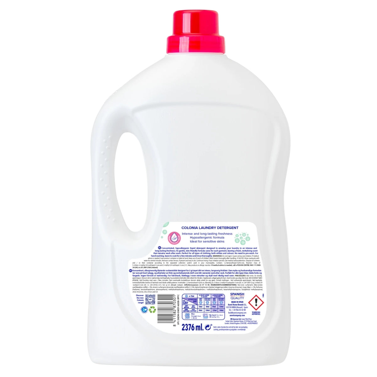 Asevi - Colonia Laundry Detergent 44 Washes (2376ml) is presented in a white plastic bottle with a red cap, featuring a handle on the left side and displaying the back label with product information. Its formula includes powerful anionic surfactants for effective cleaning.