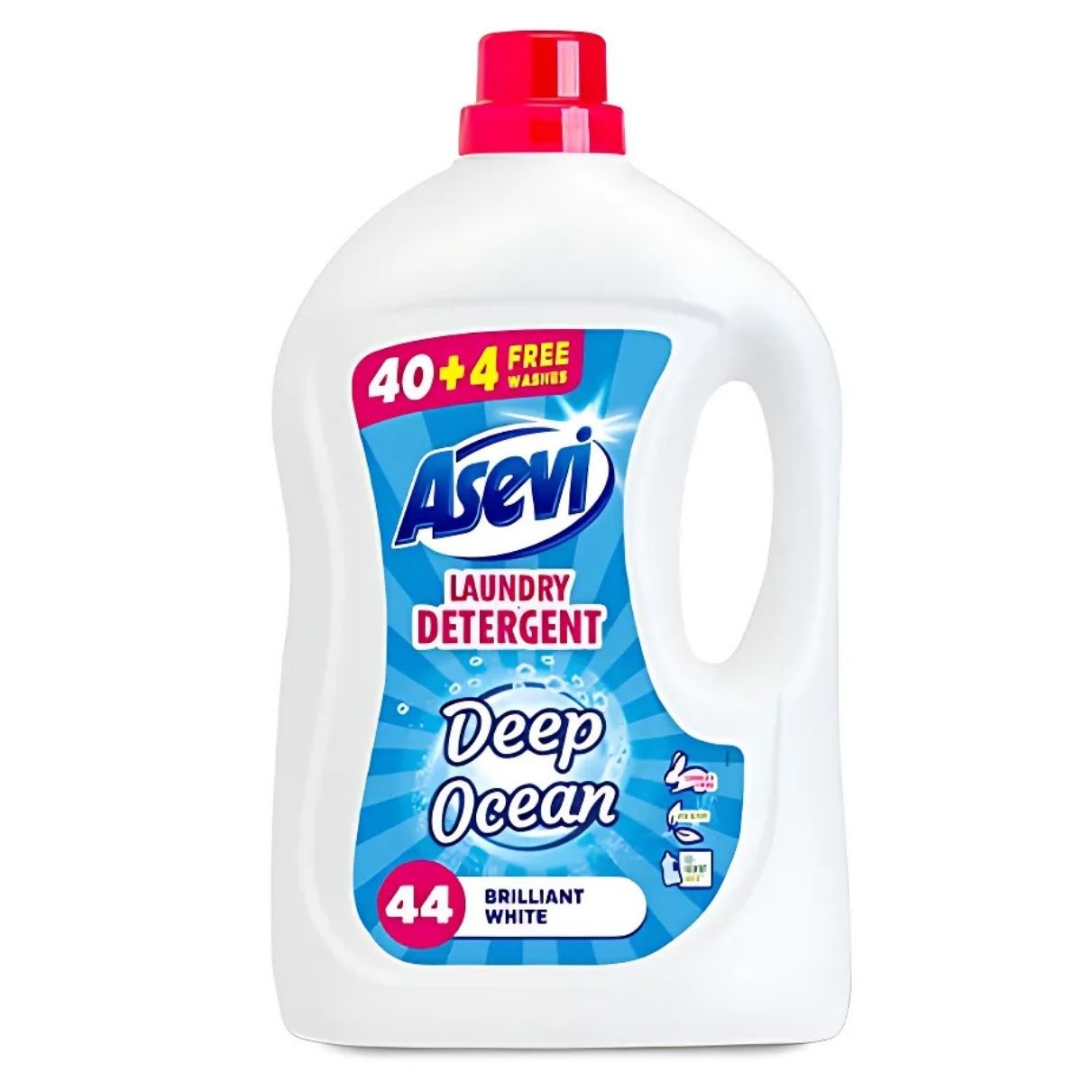 Bottle of Asevi - Deep Ocean Detergent (44 Wash) - 2.4L, featuring a robust cleaning formula and an invigorating ocean scent, is designed with a vibrant white exterior and topped with a red cap.