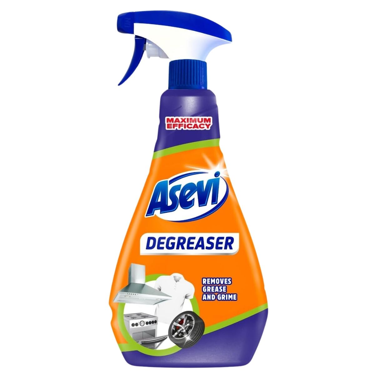 The Asevi - Degreaser Trigger Spray - 750ml comes equipped with a blue spray nozzle and prominently displays the phrase "Maximum Efficacy" on its label. It is highly effective at removing grease and grime from surfaces, as illustrated by images of a stove and wheel that emphasize its cleaning power.