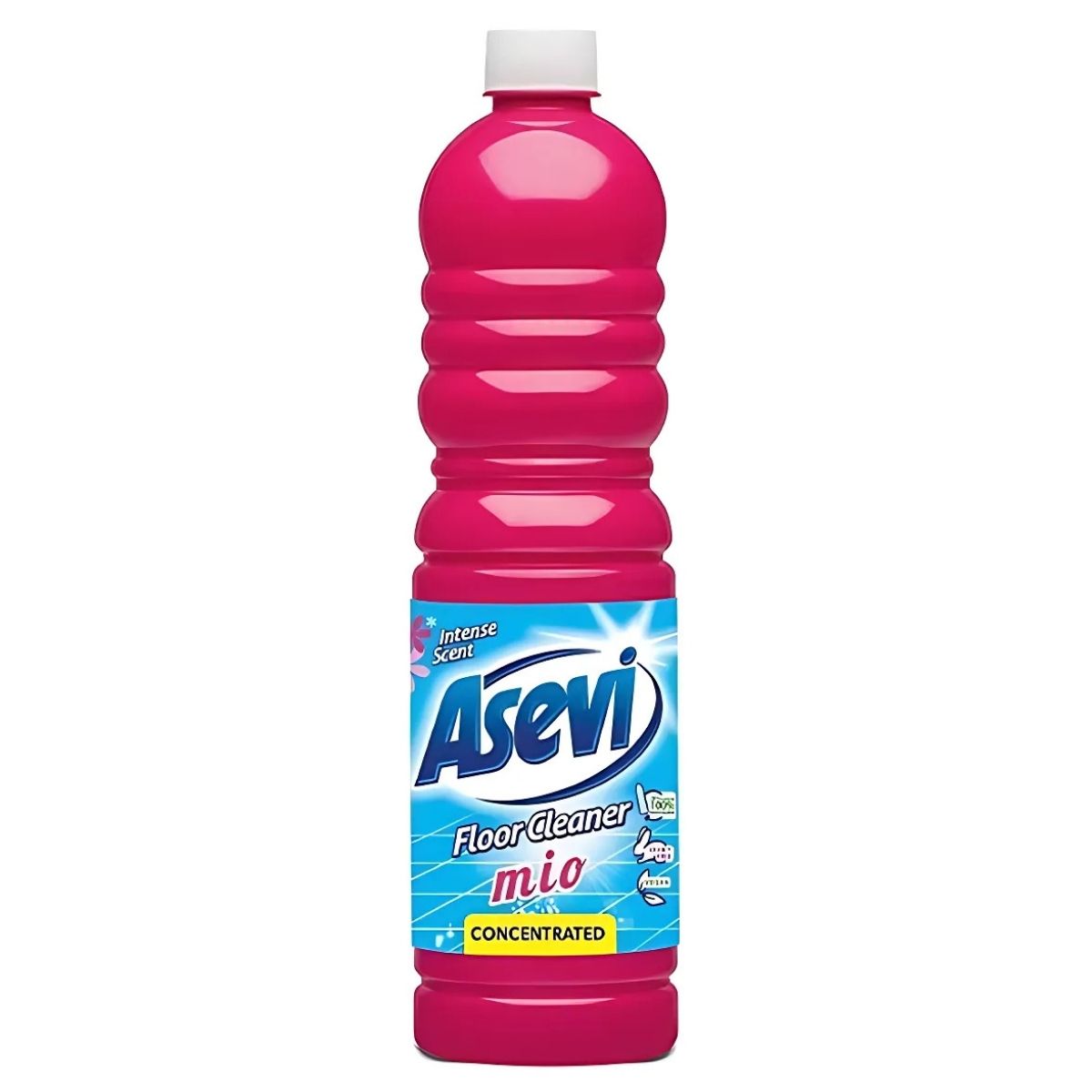 Vibrant pink bottle of Asevi - Mio Floor Cleaner - 1L featuring a blue label, formulated to keep your floors sparkling and maintain a pH-neutral balance.