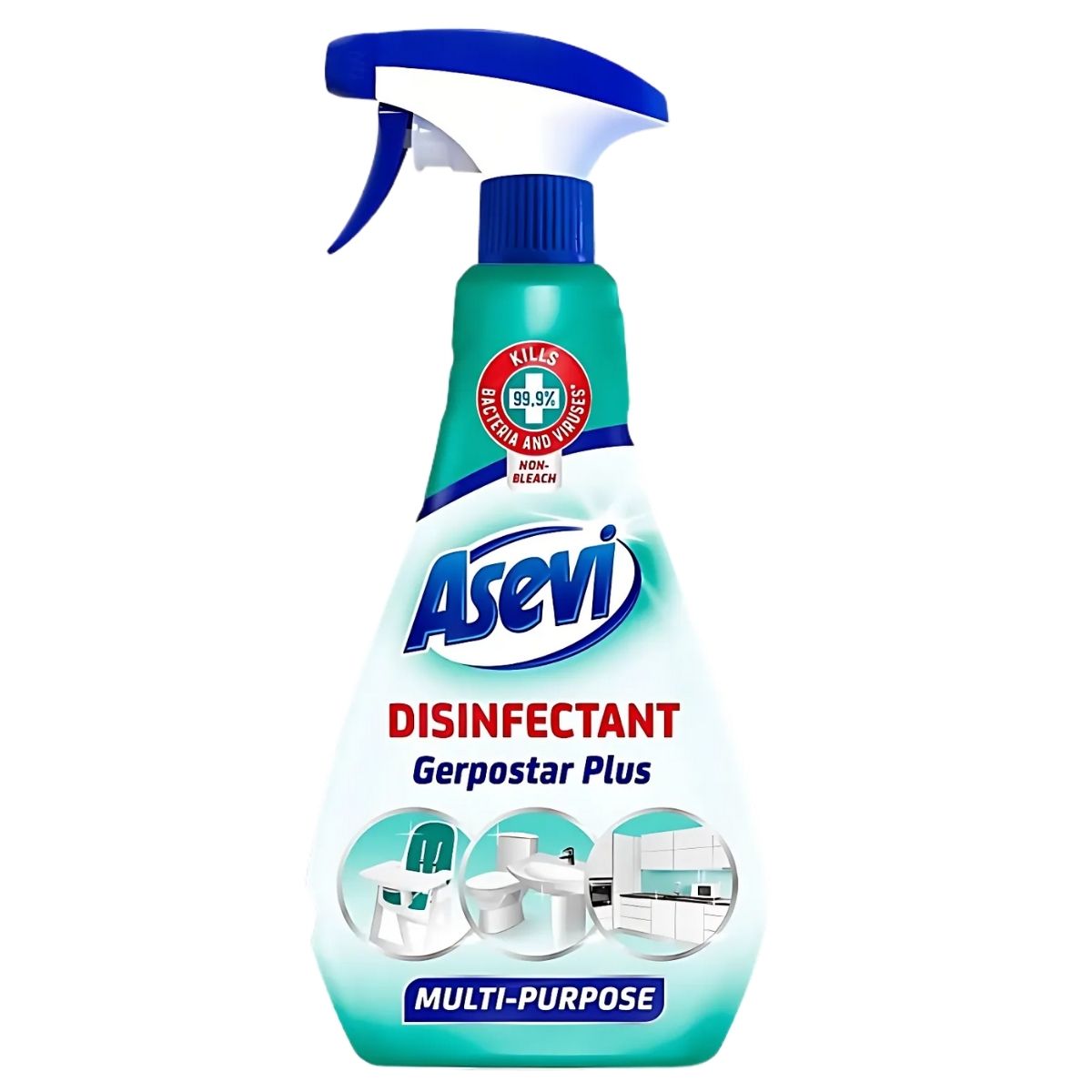 The Asevi Multi-Purpose Disinfect Spray (750ml), known as "Gerpostar Plus," ensures 99.9% bacteria elimination and is bleach-free. It's perfect for maintaining a germ-free environment, with images of a bathroom, living room, and kitchen emphasizing its versatility in various spaces.