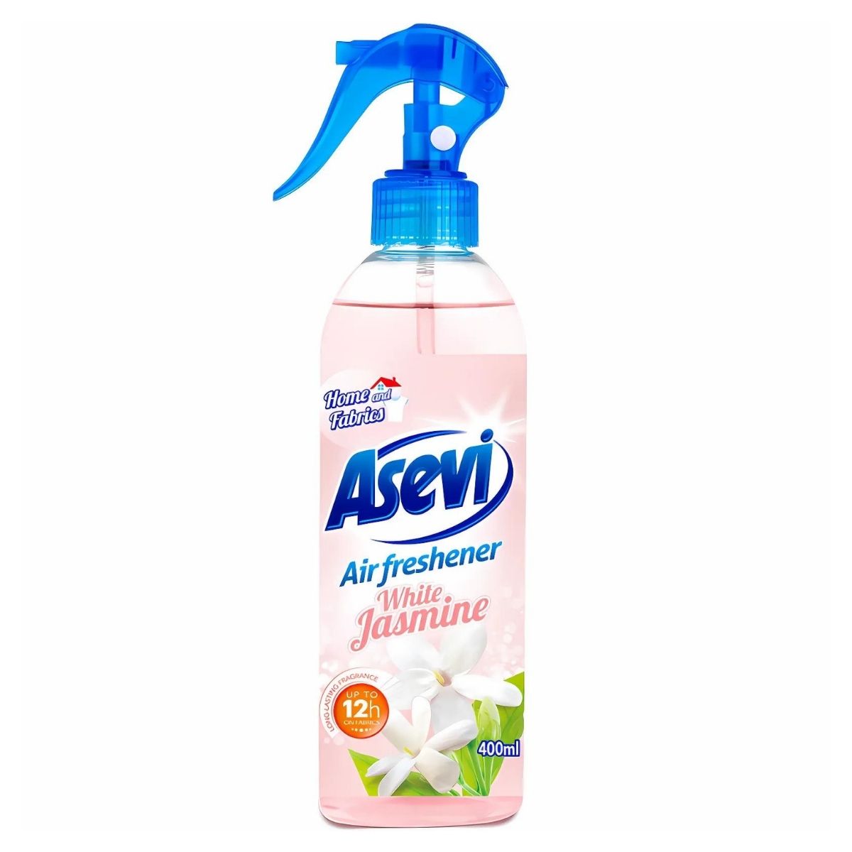 The Asevi - White Jasmine Air & Fabric Freshener is packaged in a 400ml bottle with a blue spray nozzle, highlighting jasmine flowers on its label. Its natural, eco-friendly formula delivers a long-lasting fragrance that invigorates any room.