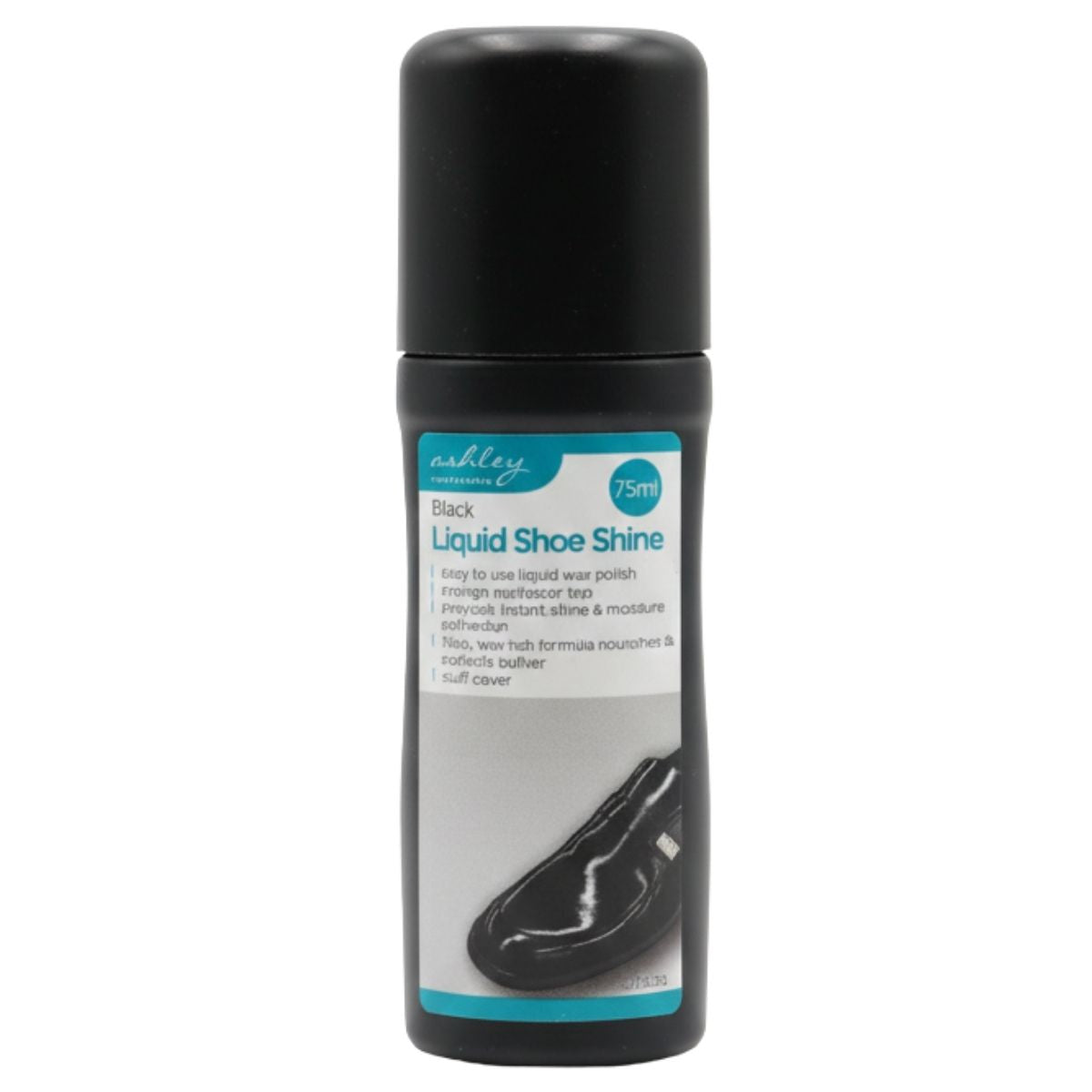 Ashley - Black Liquid Shoe Shine (75ml) by Ashley features a black cap and a label with product details and a polished black shoe image, providing easy care for leather shoes.
