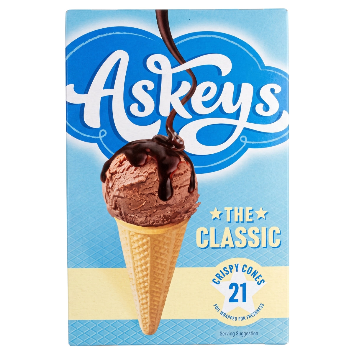 A box of Askeys Round Icecream Cones - 21 Pack, featuring an image of a chocolate ice cream cone with chocolate sauce on the front.