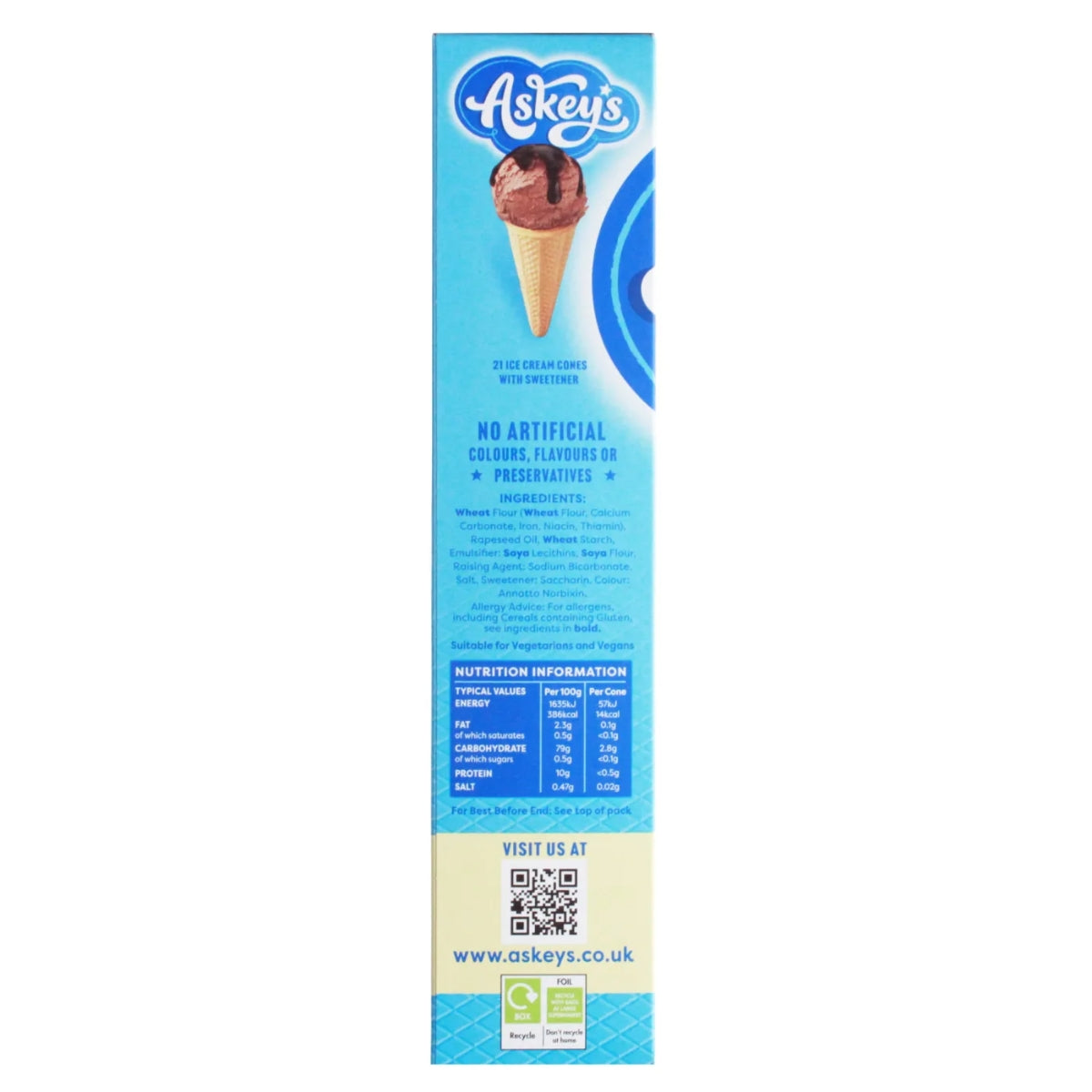 A side view of the Askeys Round Icecream Cones 21 Pack box showcases the brand’s classic round cones, an inviting ice cream illustration, ingredients list, nutritional information, and website details against a blue and yellow background.