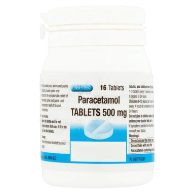 A white plastic bottle labeled "Aspar - Paracetamol 16 Tablets - 500mg," featuring usage instructions and warnings, contains 16 tablets for effective pain relief.