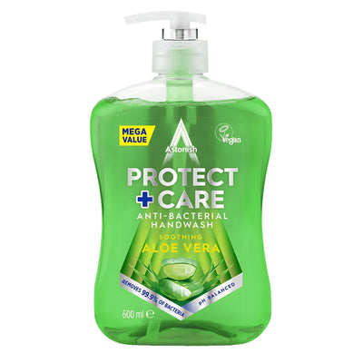 Astonish Antibacterial Handwash Aloe Vera (600ml) comes in a green bottle with a pump dispenser. It is vegan, pH balanced, and provides gentle yet effective antibacterial cleansing.
