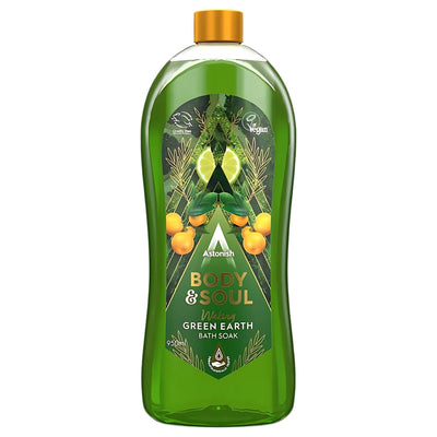 Astonish - Body & Soul Green Earth Bath Soak - 950ml is a vegan stress relief bath soak with natural minerals, citrus and leaf graphics, and a green liquid for a refreshing, revitalizing experience.
