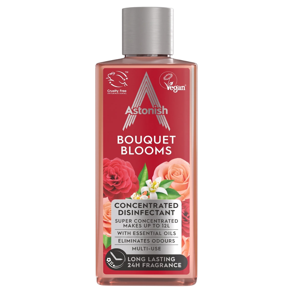 A 300ml bottle of Astonish - Bouquet Blooms Concentrated Disinfectant featuring floral graphics, a 24-hour fragrance claim inspired by fine perfume, as well as vegan and cruelty-free symbols and detailed product information on the label.
