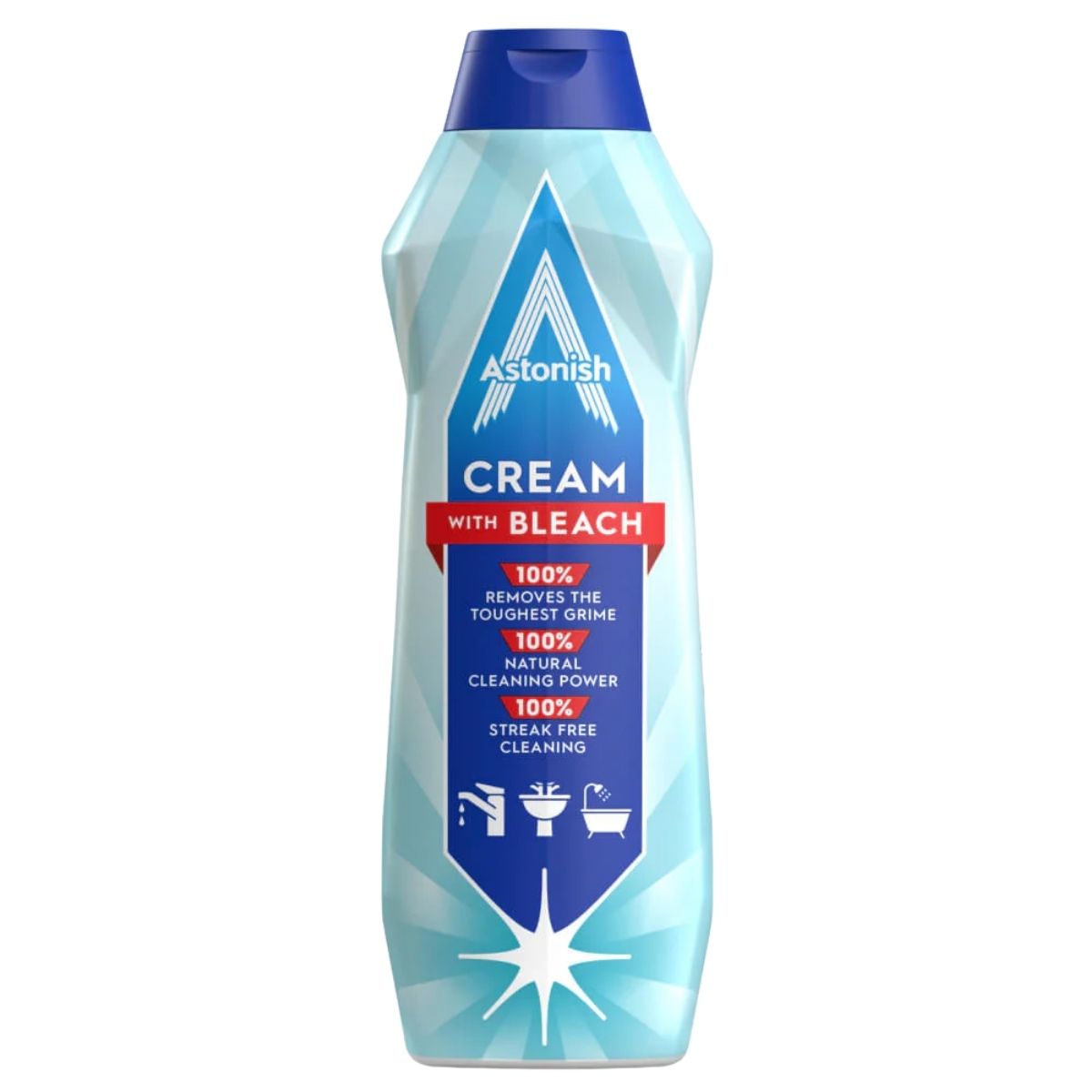A 500ml blue bottle of Astonish Cream Cleaner with Bleach, featuring claims of powerful cleaning and streak-free results on its front label.