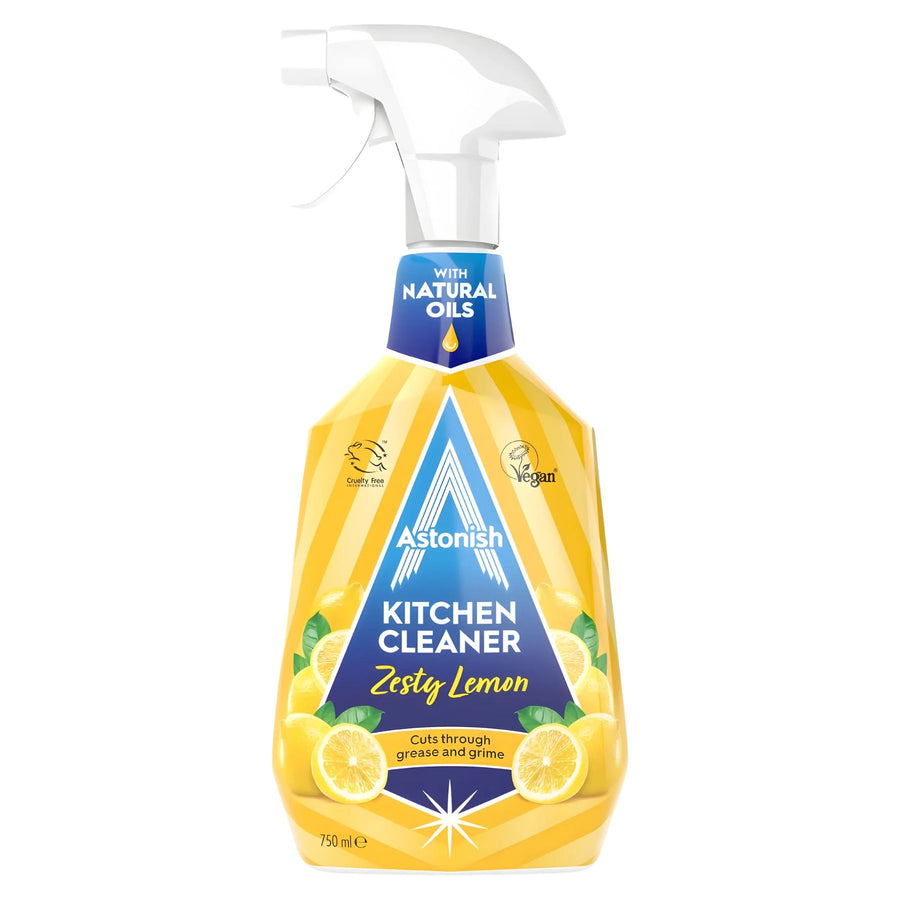 A 750ml Astonish Kitchen Spray Zesty Lemon with a spray nozzle, vegan formula, and natural oils. This kitchen cleaner removes grease effectively and leaves a fresh lemon scent.