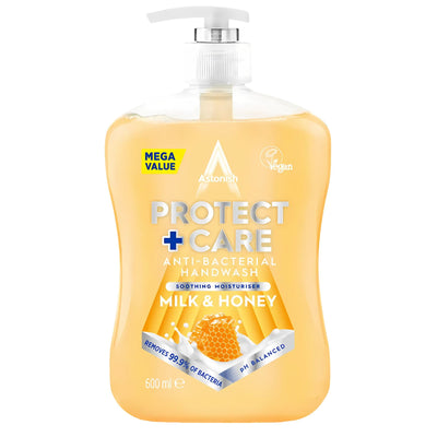 Astonish Milk & Honey Anti Bacterial Handwash, 600ml pump bottle. Vegan, pH balanced, and promotes excellent hand hygiene.