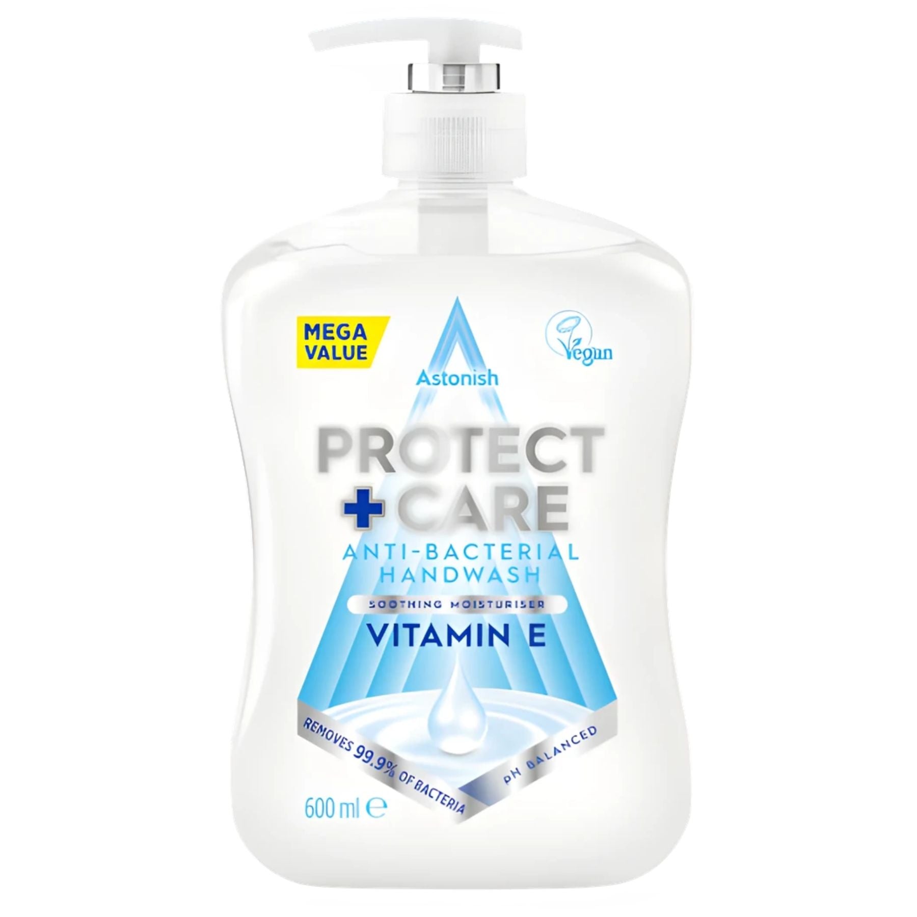 Astonish Moisture & Protect Antibacterial Handwash, 650ml, with Vitamin E and pump dispenser; moisturizes, offers antibacterial protection, is vegan-friendly, and labeled as mega value.