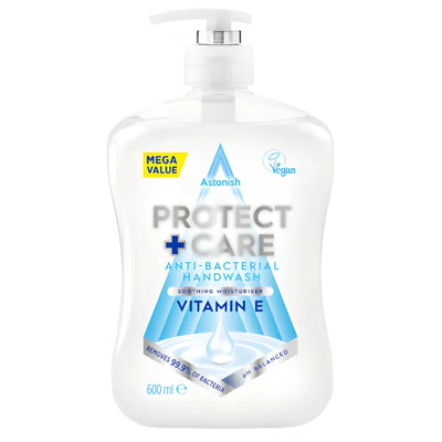 Astonish Moisture & Protect Antibacterial Handwash, 650ml, with Vitamin E and pump dispenser; moisturizes, offers antibacterial protection, is vegan-friendly, and labeled as mega value.