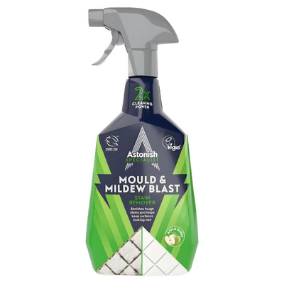 Astonish Mould & Mildew Blast Stain Remover (750ml) is a powerful bathroom cleaner with an apple burst scent, grey nozzle, green and black label, and tile graphics at the bottom.