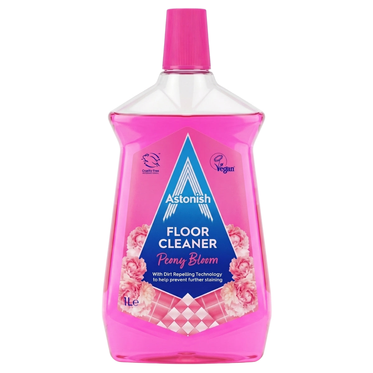 A 1-liter bottle of Astonish - Peony Bloom Floor Cleaner from Astonish, in pink, featuring a screw cap and a label that highlights its dirt-repelling technology as well as its vegan and cruelty-free attributes.