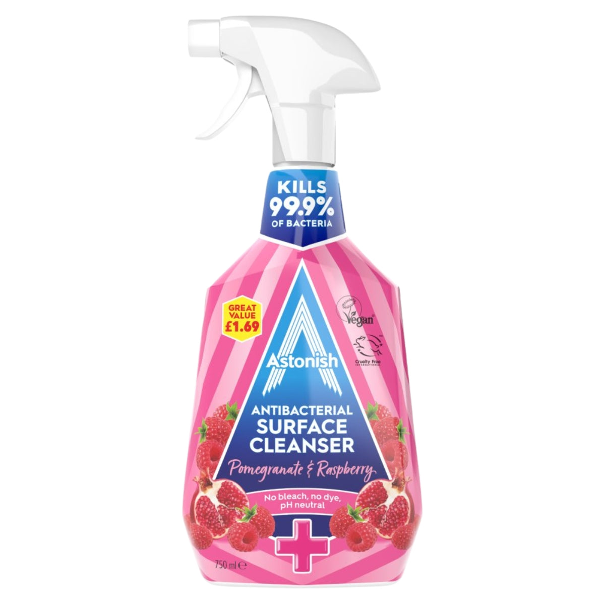 Astonish Pomegranate & Raspberry Antibacterial Surface Cleanser (750ml) kills 99.9% of bacteria, removes grease and grime, has a fresh scent, and is vegan.