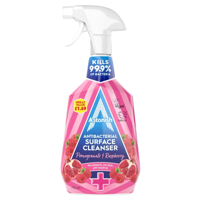 Astonish Pomegranate & Raspberry Antibacterial Surface Cleanser (750ml) kills 99.9% of bacteria, removes grease and grime, has a fresh scent, and is vegan.