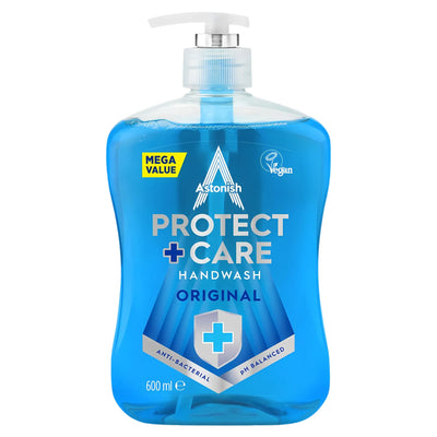 Astonish Protect & Care Anti-Bacterial Liquid Hand Wash (600ml) with pump dispenser is vegan, pH balanced, and moisturising. It gently cleanses while helping protect against bacteria.
