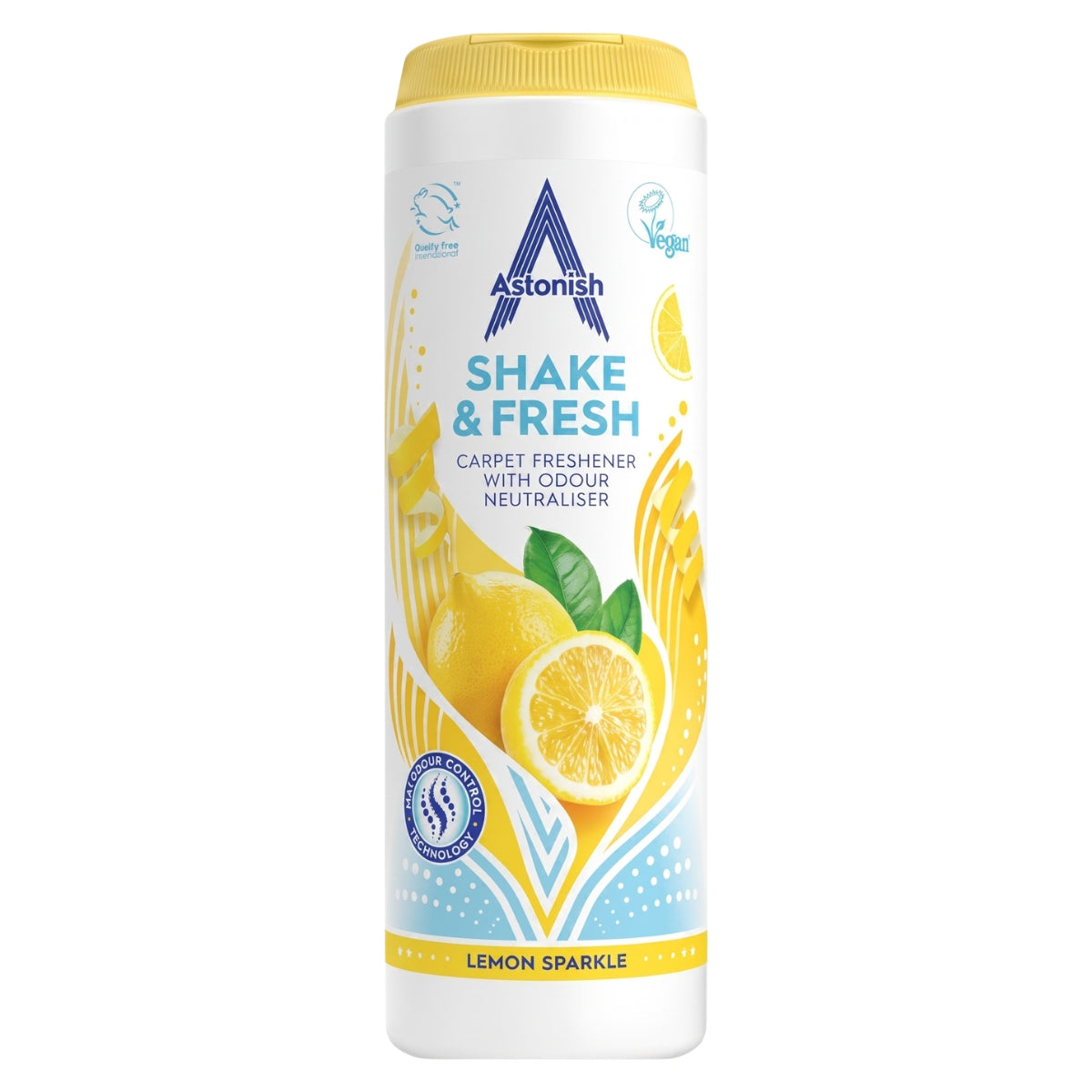 A white container of Astonish - Shake & Fresh Lemon Sparkle Carpet Freshener (350g), featuring images of lemons and yellow design elements on the label.