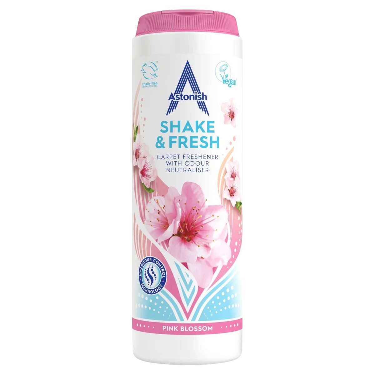 Astonish Shake & Fresh carpet fresher with pink blossom design on a white background