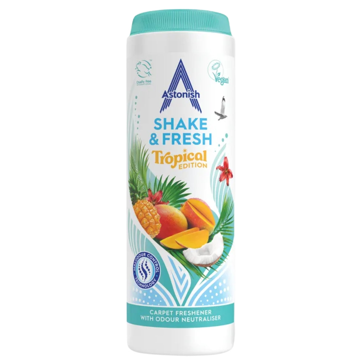 A 350g cylindrical container of Astonish - Shake & Fresh Tropical Carpet Freshener, adorned with vibrant fruit and leaf imagery on a white background, emphasizing its refreshing scent and lively ingredients.