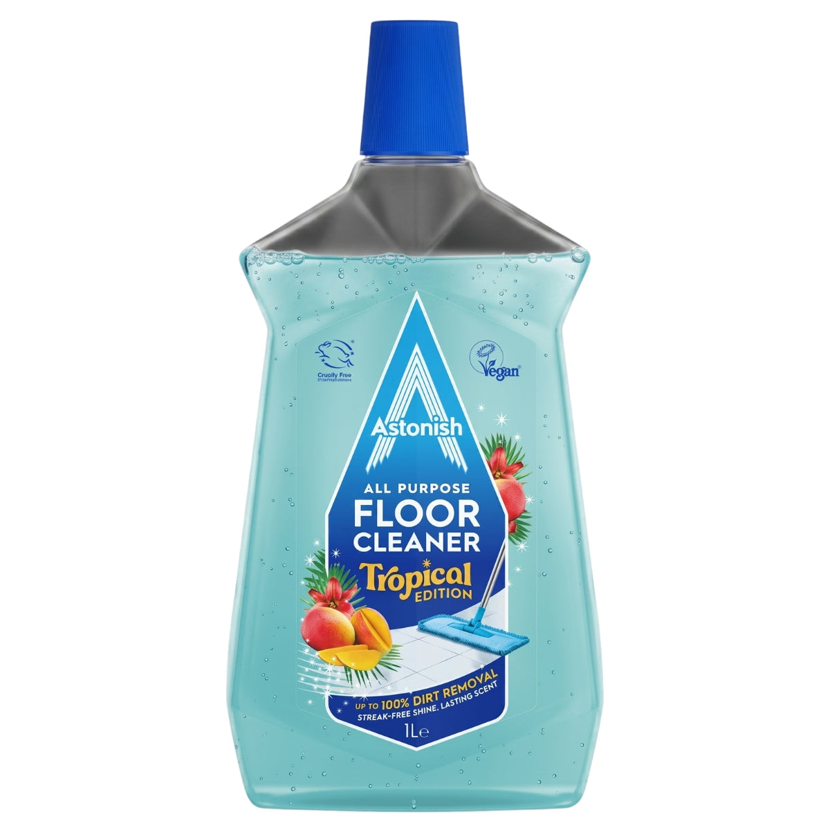 A bottle of Astonish All Purpose Floor Cleaner in Tropical Edition, featuring a light blue-green translucent liquid, a blue cap, and a central blue label with tropical fruit illustrations.
