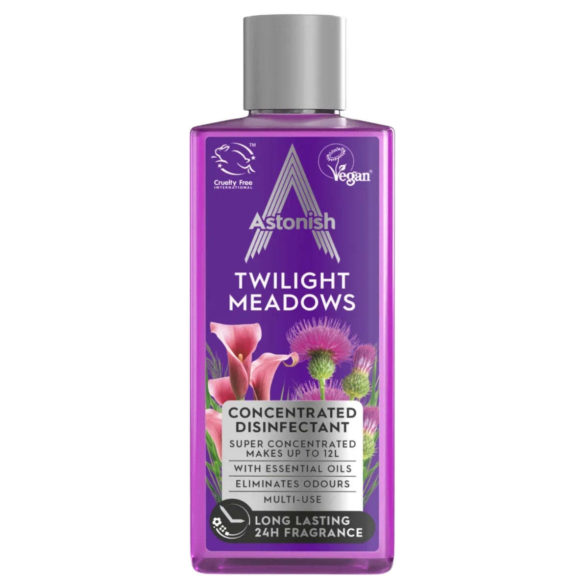 A 300ml bottle of Astonish - Twilight Meadows Concentrated Disinfectant, vegan and cruelty-free, formulated with essential oils to eliminate pet odors and provide a long-lasting 24-hour fragrance.
