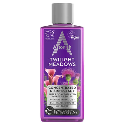 A 300ml bottle of Astonish - Twilight Meadows Concentrated Disinfectant, vegan and cruelty-free, formulated with essential oils to eliminate pet odors and provide a long-lasting 24-hour fragrance.