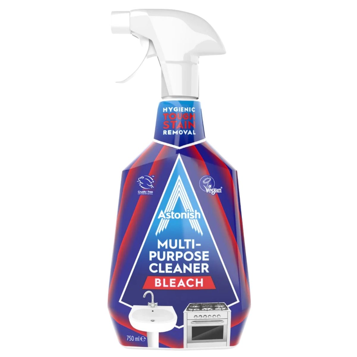 Astonish Multi-Purpose Cleaner with Bleach (750ml) features icons for sinks and stoves, plus labels noting stain removal, vegan, and cruelty-free benefits.